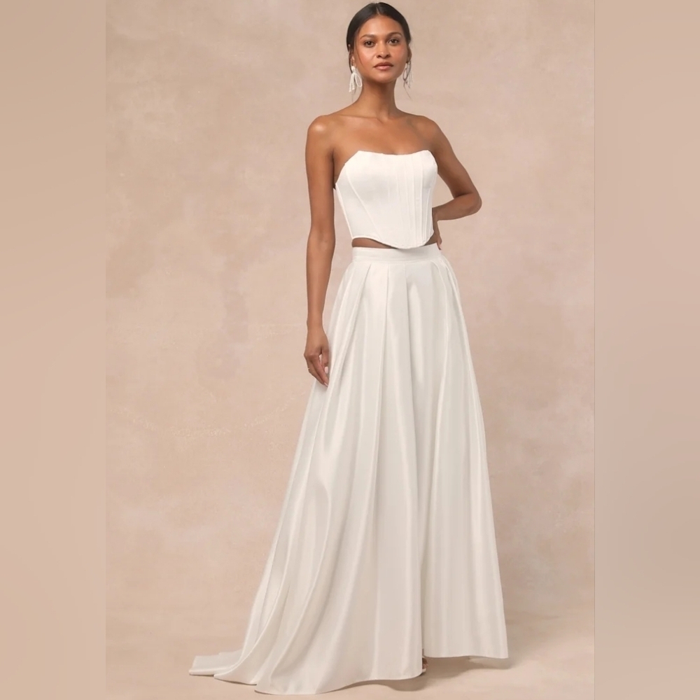 Lulus Angelica White Satin Strapless Three-Piece Maxi Dress Wedding Bride Party - Picture 2 of 11